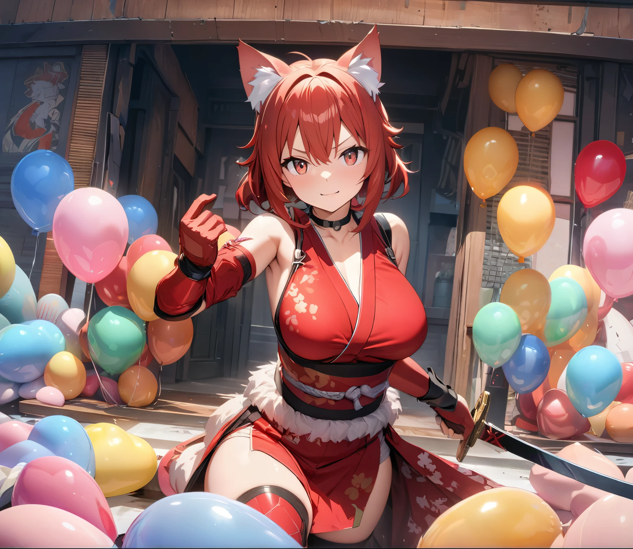 Masterpiece, Best Quality, Super Detailed, High Definition, Expensive Resolution, HDR, 4k, 8K, Unity 8k Wallpaper, Super Detailed CG, Masterpiece, Beautiful Details, Depth, Fine Texture, Super Fine: 1.3, Fully focused, crispy, skin, Very cute anime girl, ((red right eyes)) , looking at camera, ornament, heart, choker, sfw, covered medium , red hair with cat ears, wearing a Japanese red shiny ninja like outfit, white fur, wearing gloves , carrying a sword, fullbody, fighting pose,  balloons all around