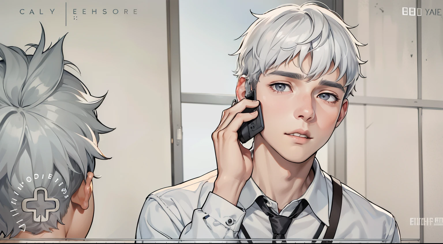 talks on cell phone cute 17 year old boy gray eyes gray hair talks worried scared on cell phone