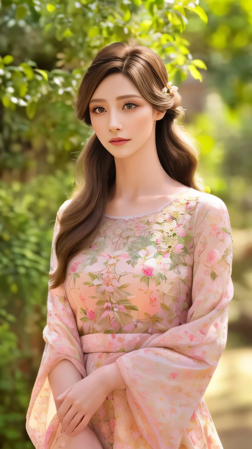 1girl, detailed face, beautiful eyes, long eyelashes, delicate facial features, fair skin, soft expression, intricate hairstyle, pink dress, floral embroidery, sunlit garden, lush greenery, blooming flowers, serene atmosphere, cinematic lighting, photorealistic, 8k, high quality, masterpiece