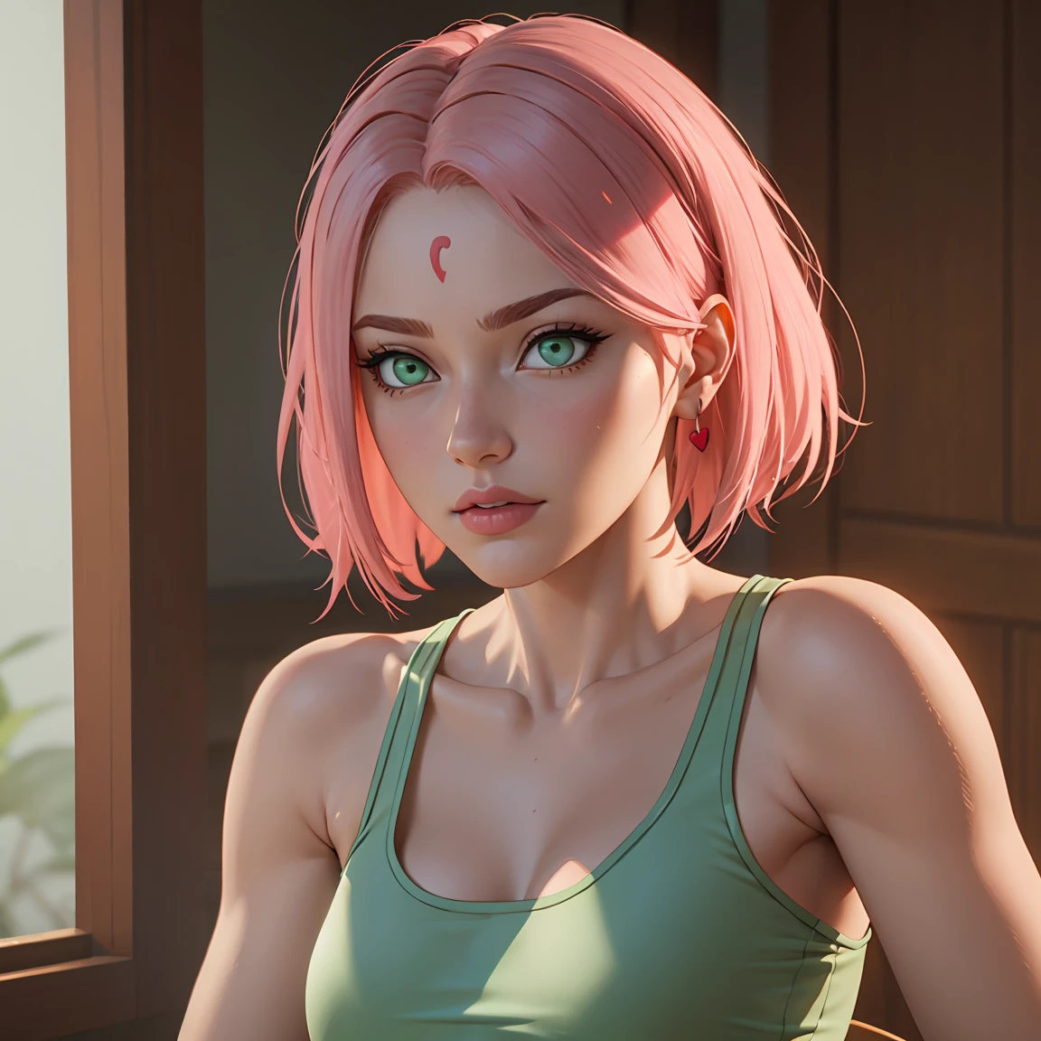 young woman, short shoulder-length pink hair, wide forehead, porcelain skin, pink eyebrows, big emerald green eyes, buttoned nose, full lips, heart-shaped face, slender body, small breasts, red tank top, Sakura Haruno , realistic, realism, details, 3d, well detailed