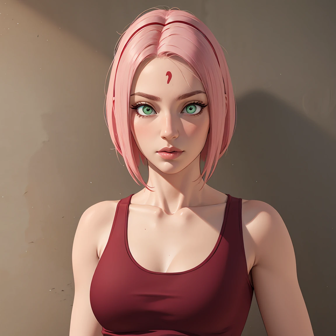 young woman, short shoulder-length pink hair, wide forehead, porcelain skin, pink eyebrows, big emerald green eyes, buttoned nose, full lips, heart-shaped face, slender body, small breasts, red tank top, Sakura Haruno , realistic, realism, details, 3d, well detailed