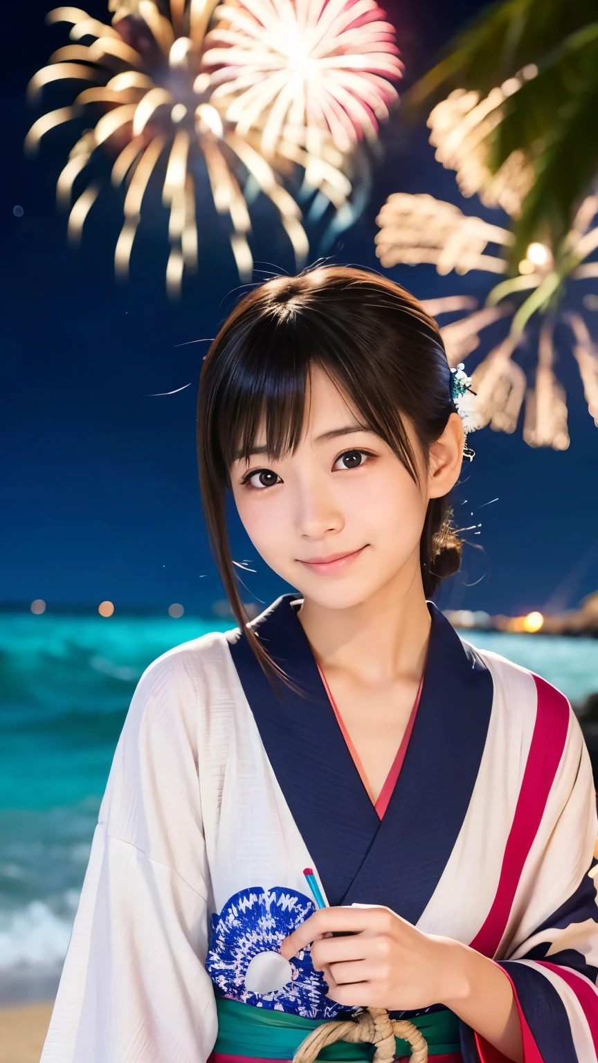 Japanese、Age 25、younger sister、Randomly generated people with diverse facial features and hairstyles々、Perfect Anatomy,Ocean、Beach、firework、Night Sky、打ち上げfirework、yukata