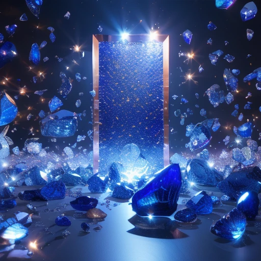 masterpiece, high quality,sapphire, Clean Background Booth, Scattered crystals, Very flashy, Crystal Clear, Emits colorful light, Star Powder, Center Configuration, Split Lighting, Creative Background Design, Front view, Surreal Scene, Natural rendering, Fantasy、beautiful