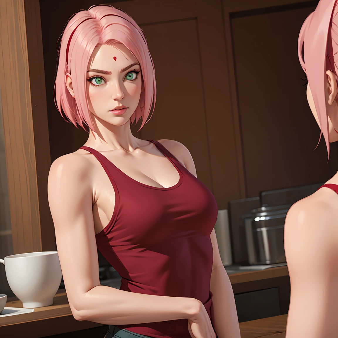 young woman, short shoulder-length pink hair, wide forehead, porcelain skin, pink eyebrows, big emerald green eyes, buttoned nose, full lips, heart-shaped face, slender body, small breasts, red tank top, Sakura Haruno , realistic, realism, details, 3d, well detailed