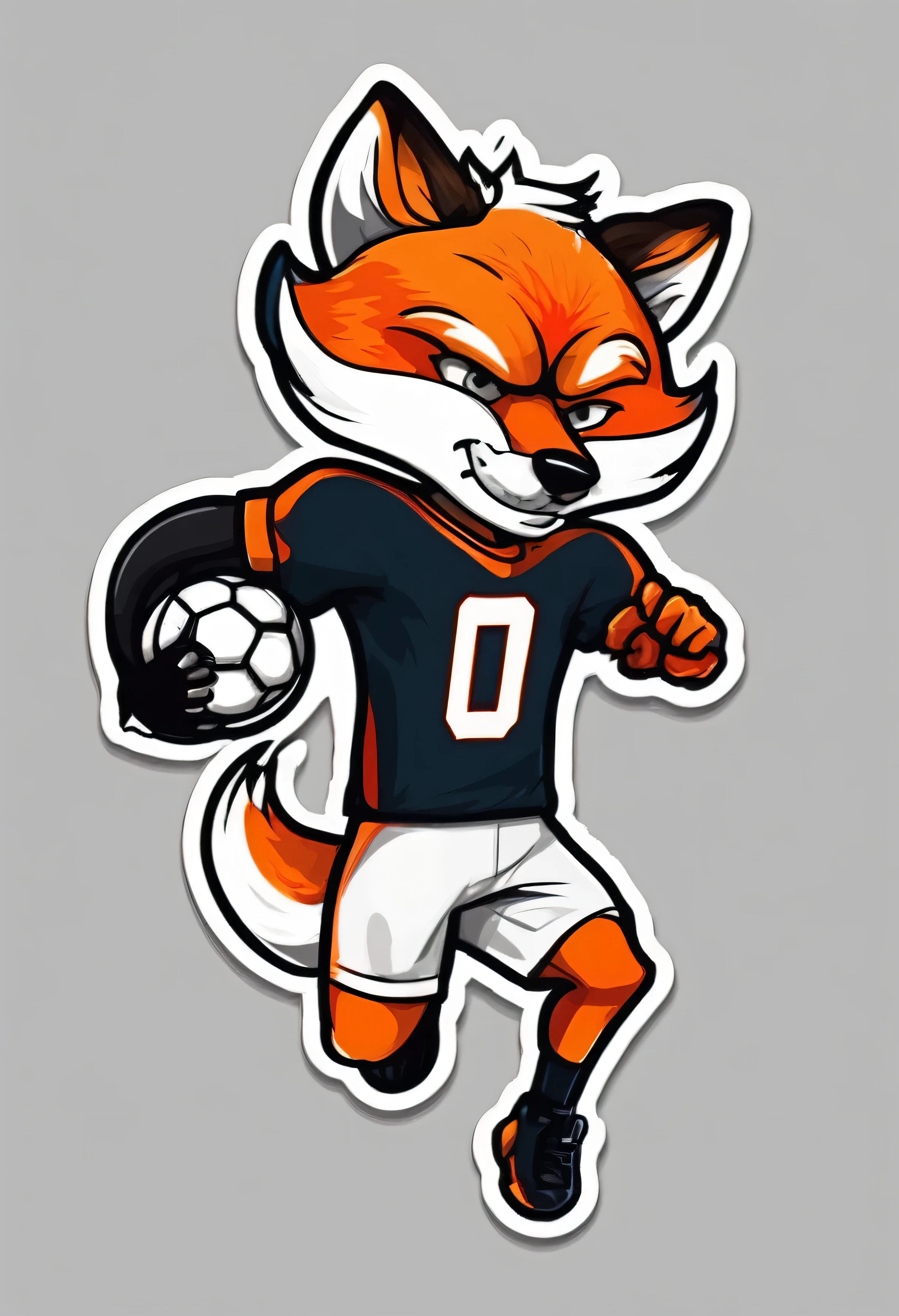 stickers character fox football player with angry and jumping with the ball in Vladimir Suteev's style