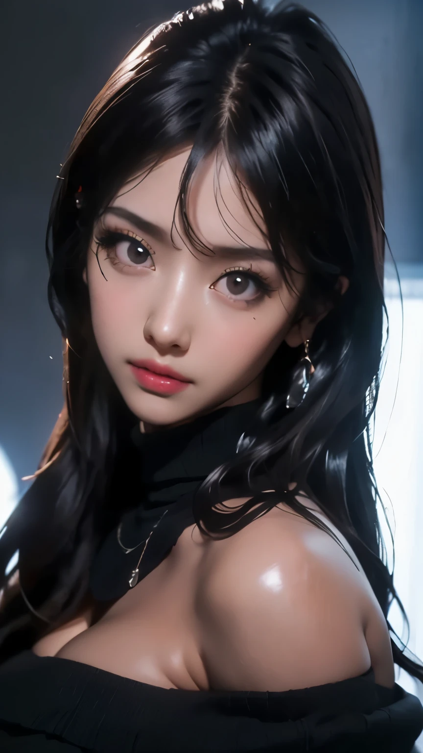 ultra high res, masterpiece, best quality, perfect glossy shiny skins, perfect lighting, detailed lighting, dramatic shadows, ray tracing, black sweater, off shoulder, Big breasts, Exposed cleavage, nsfw, ((Dark background)), Sexy face, Facial expressions when receiving pleasure,
