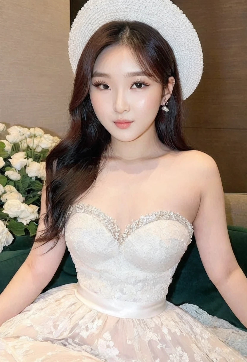 (best high quality:1.2), Work of art, 8k, extremely detailed, (High detail:1.2), (Hotlexi woman), Solo, 24 year old Korean Ulzzang female, (dress strapless),