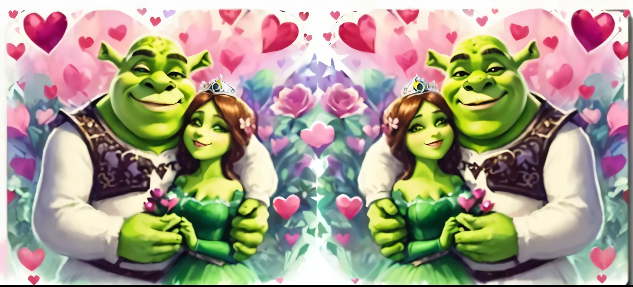a couple of shrape and princess apaixonado with hearts, arte conceitual do amor, Shrek portrait, double exposure of love, they are apaixonado, trading card art, inspirado em Luigi Kasimir, It&#39;s a deep dream, Shrek, the duke Shrek, romance a vapor, arte completa, Shrek doing ballet, portrait of Shrek, full og Shrek, apaixonado, Incredible, insano