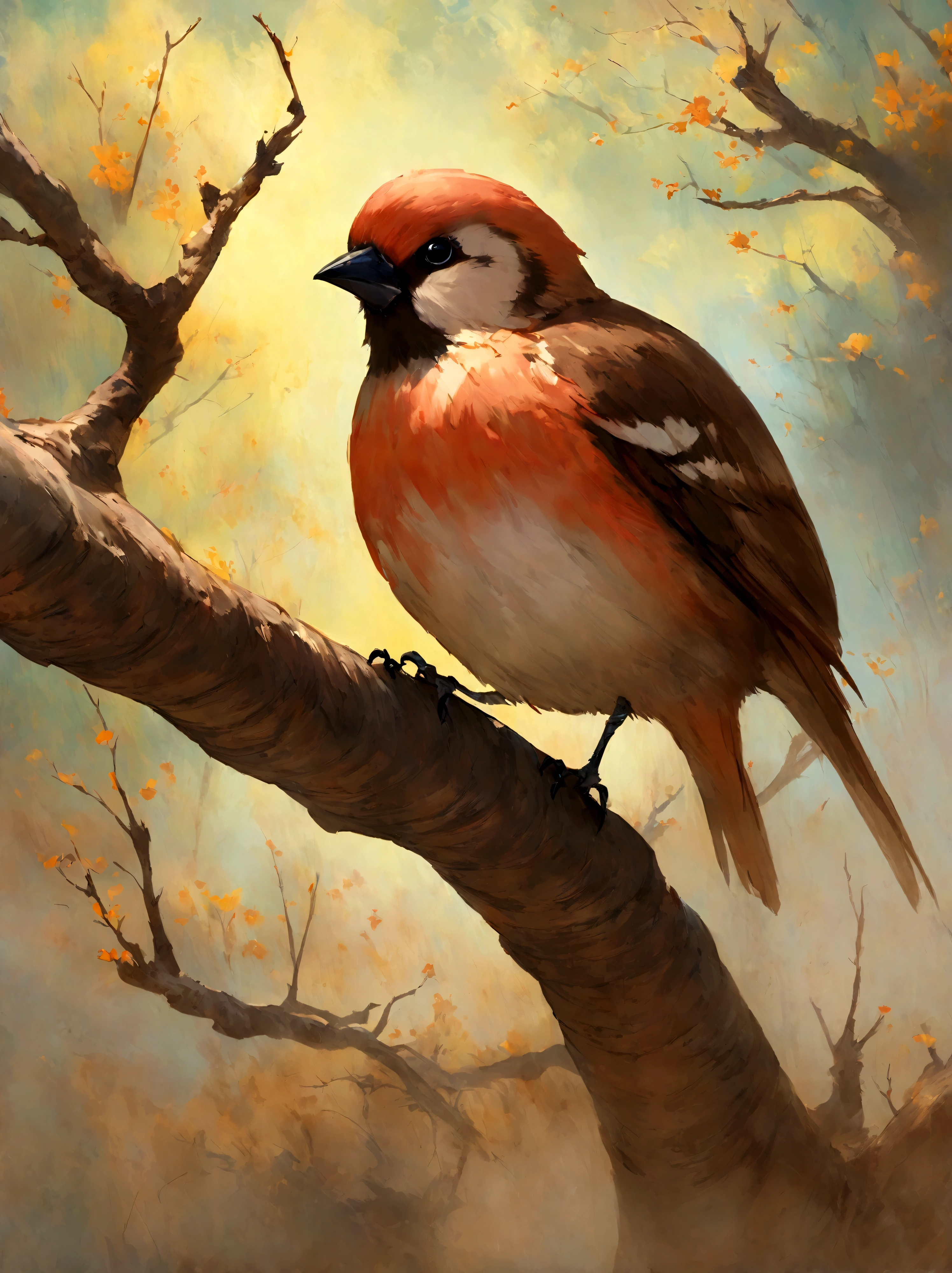 painting of a bird with a pink breast sitting on a branch, a pastel by David Park, Artstation, fine art, painted in acrylic, oil painted, oil painting!!!, acrylic, “ painting, acrylic painting, oil on board, covered in oil painting, beautiful!!!!!!!!!, acrylic and oil painting, very stylized, an oil paiting of a sparrow