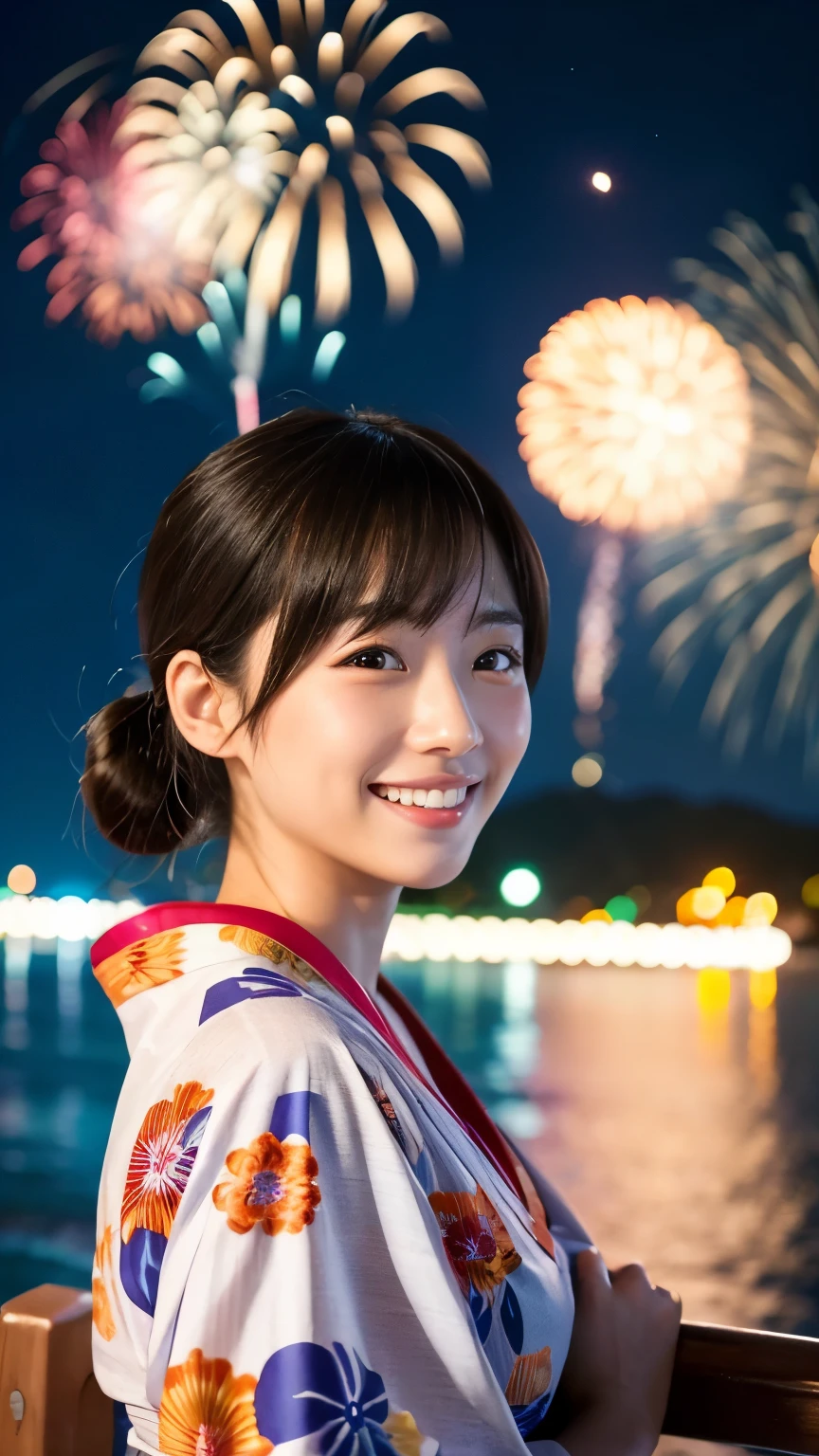 Japanese、Age 25、younger sister、Randomly generated people with diverse facial features and hairstyles々、Perfect Anatomy,Ocean、Beach、firework、Night Sky、打ち上げfirework、yukata、Great smile