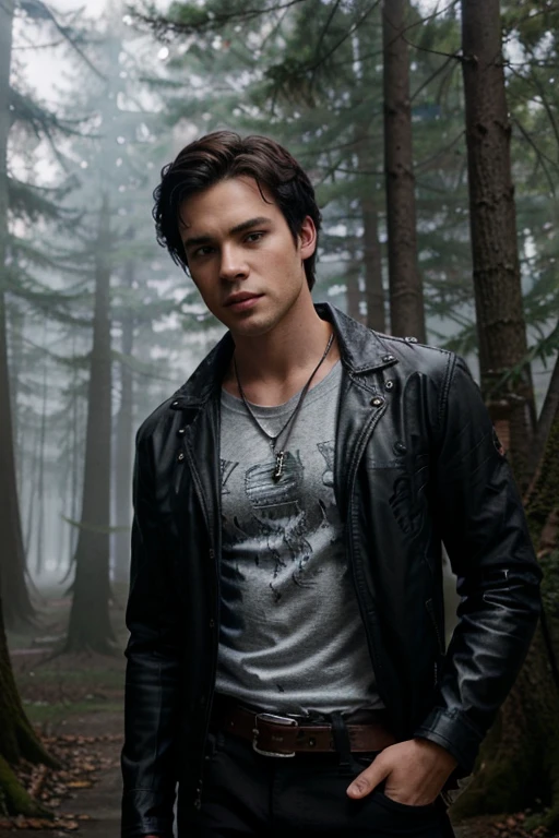 Steven Strait, Caleb Danvers, Teen Wolf, 18 years old, short messy dark brown hair, green eyes, black shirt with black collar, leather belt black dark blue jean pants, silver moon pendant, black jeans, misty forest background around in black.