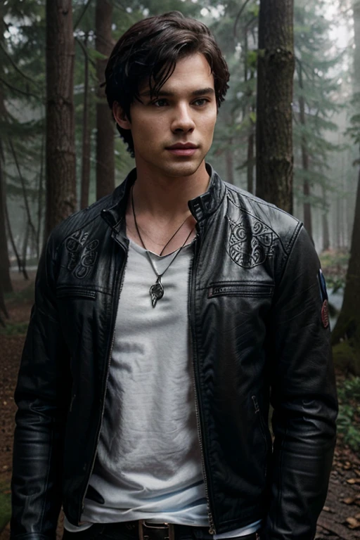 Ian Harding, Ezra Fitz, Teen Wolf, 18 years old, short messy brown black hair, blue eyes, red t-shirt, black jeans, black leather jacket, black belt, silver bat pendant, white claw print Forest in the background with fog around in black.
