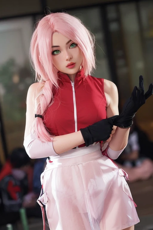 young woman, short shoulder-length pink hair, wide forehead, porcelain skin, pink eyebrows, big emerald green eyes, buttoned nose, full lips, heart-shaped face, slender body, small breasts, red tank top, Sakura Haruno , realistic, realism, details, 3d, well detailed