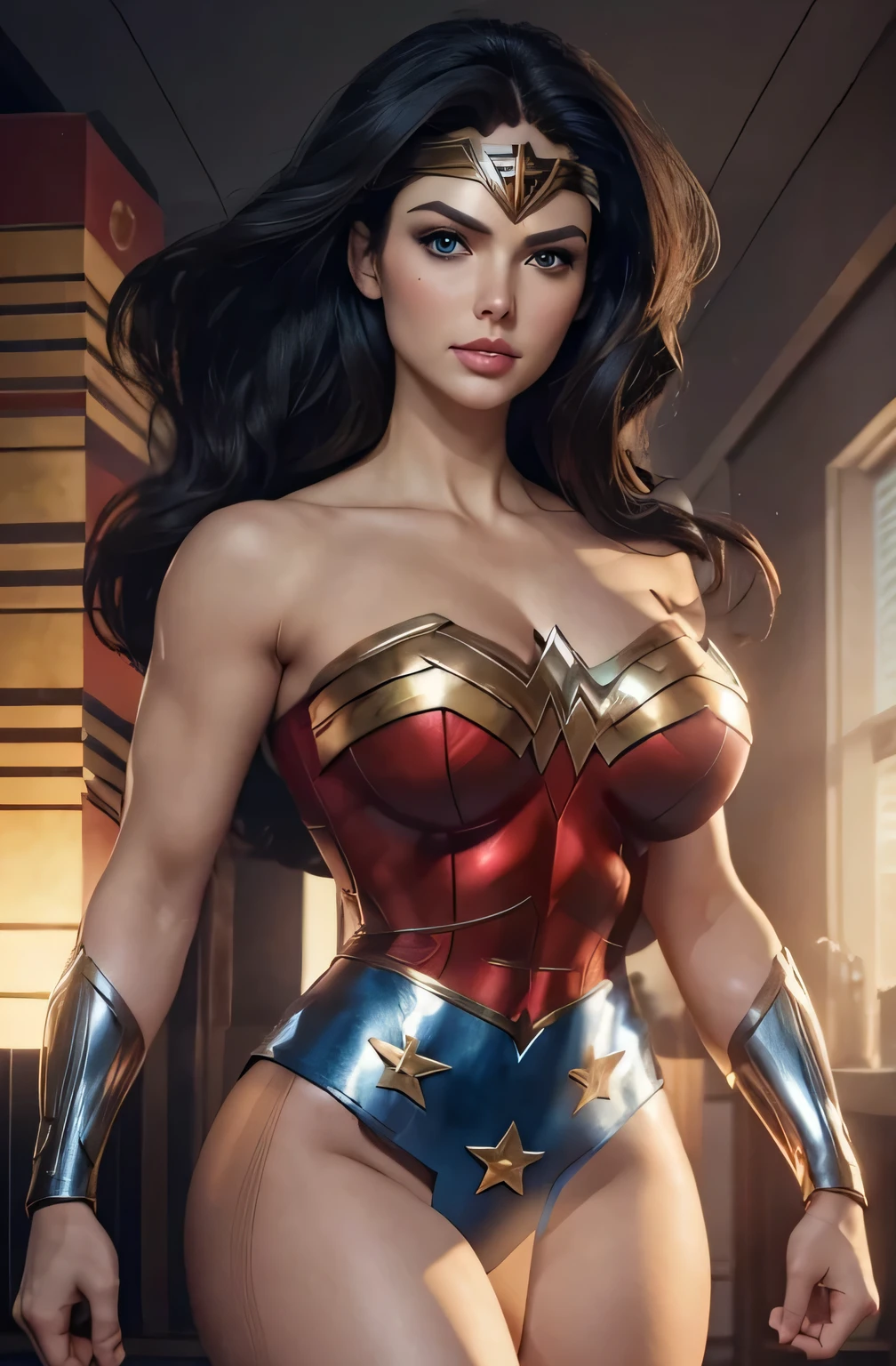 The character Wonder Woman , perfect costume, gorgeus blue eyes, perfect curves, beautiful face, seductive mouth, beautiful and stunning face