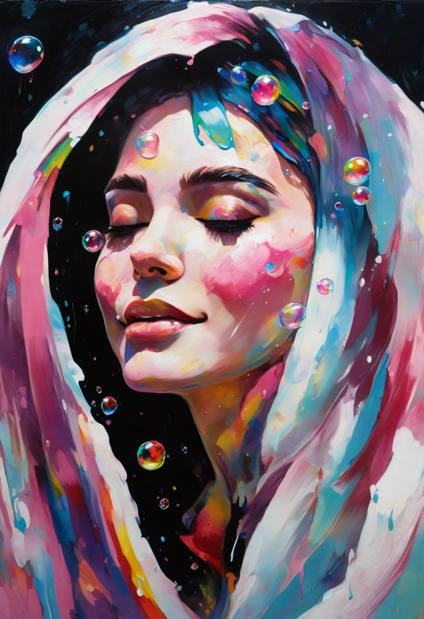 (oil painting:1.5), (????:1.2), a woman joyfully twirling in the raining paint, paint raining, thick paint rainbow hair, body covered with paint, joyful, ((sfw)), calm facial expression, relaxed, gentle smile, (clothes made of liquid paint)), front view, ((small ???????, relaxed face, relaxed shoulders)), ((dynamic pose)), liquid details, correct ???????, both arms visible, ((top-quality, 8K)), (Realistic), (Face Focus: 1.1), (blue and pink: 1.3), Kawaii Girl, short-hair, Hair fluttering in the wind, Facing to the side, Look up at your face, Eyes closed, (Sleeveless: 1.1)、Skirt, D Cup ???????, Countless soap bubbles, (oil painting:1.5), (????:1.2), a woman joyfully twirling in the raining paint, paint raining, thick paint rainbow hair, body covered with paint, joyful, ((sfw)), calm facial expression, relaxed, gentle smile, (clothes made of liquid paint)), front view, ((small ???????, relaxed face, relaxed shoulders)), ((dynamic pose)), liquid details, correct ???????, both arms visible, ((top-quality, 8K)), (Realistic), (Face Focus: 1.1), (blue and pink: 1.3), Kawaii Girl, short-hair, Hair fluttering in the wind, Facing to the side, Look up at your face, Eyes closed, (Sleeveless: 1.1)、Skirt, D Cup ???????, Countless soap bubbles,