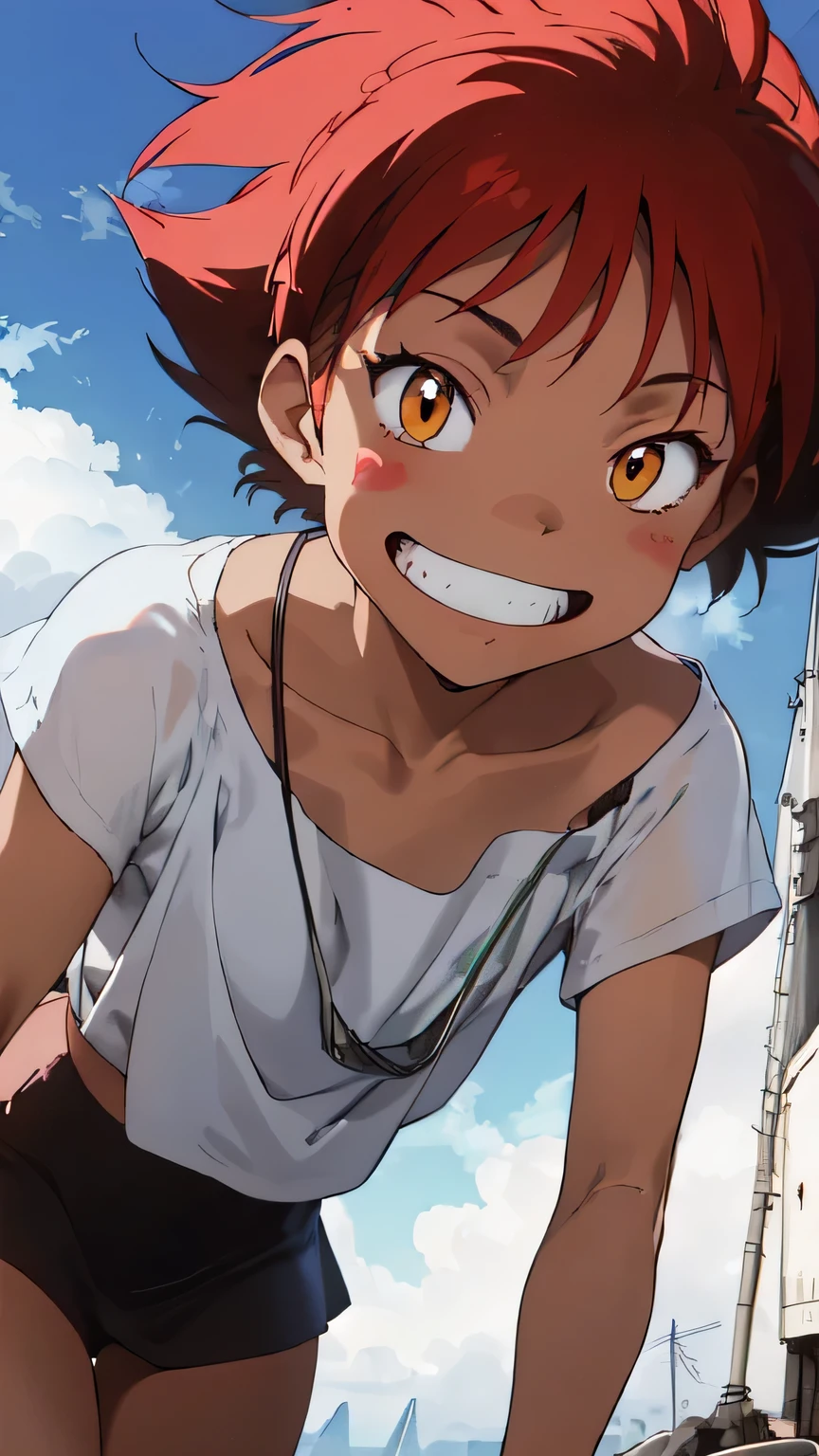 (Radical Ed:1.5), (Edward Wong Hau Pepelu Tivrusky IV), red hair, (Green goggles), white shirt, A once-in-a-millennium masterpiece, A photo you will never get again, Inexplicable high resolution, The cutest girl in the world, Ultra high definition eyes, Eyes that seem to draw you in, Jewel-like eyes, full body, very slender, clavicle, 13-year-old, spaceship on the background, blue sky, grin, shoulder