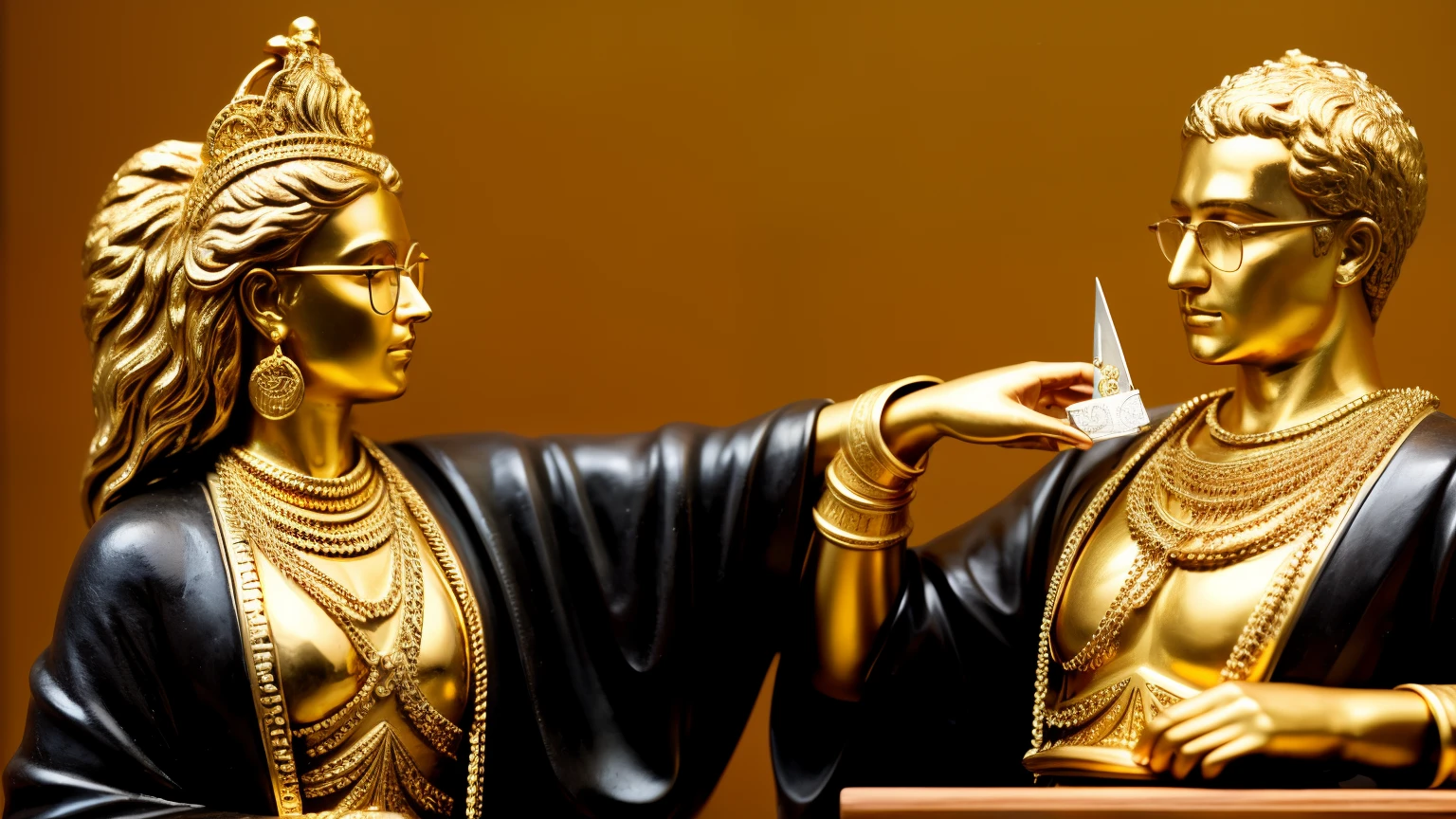 I want a sculpture of stoic philosophers with a black and white background. The picture should focus on the philosphers holding money or in a meeting and showing wealth. It should be a full-body sculpture with walls or buildings in the back ground. Hyper realistic wearing the gold chain glasses several gold coin scattered on the floor Best for creating fairy horse style and sharp lines.
