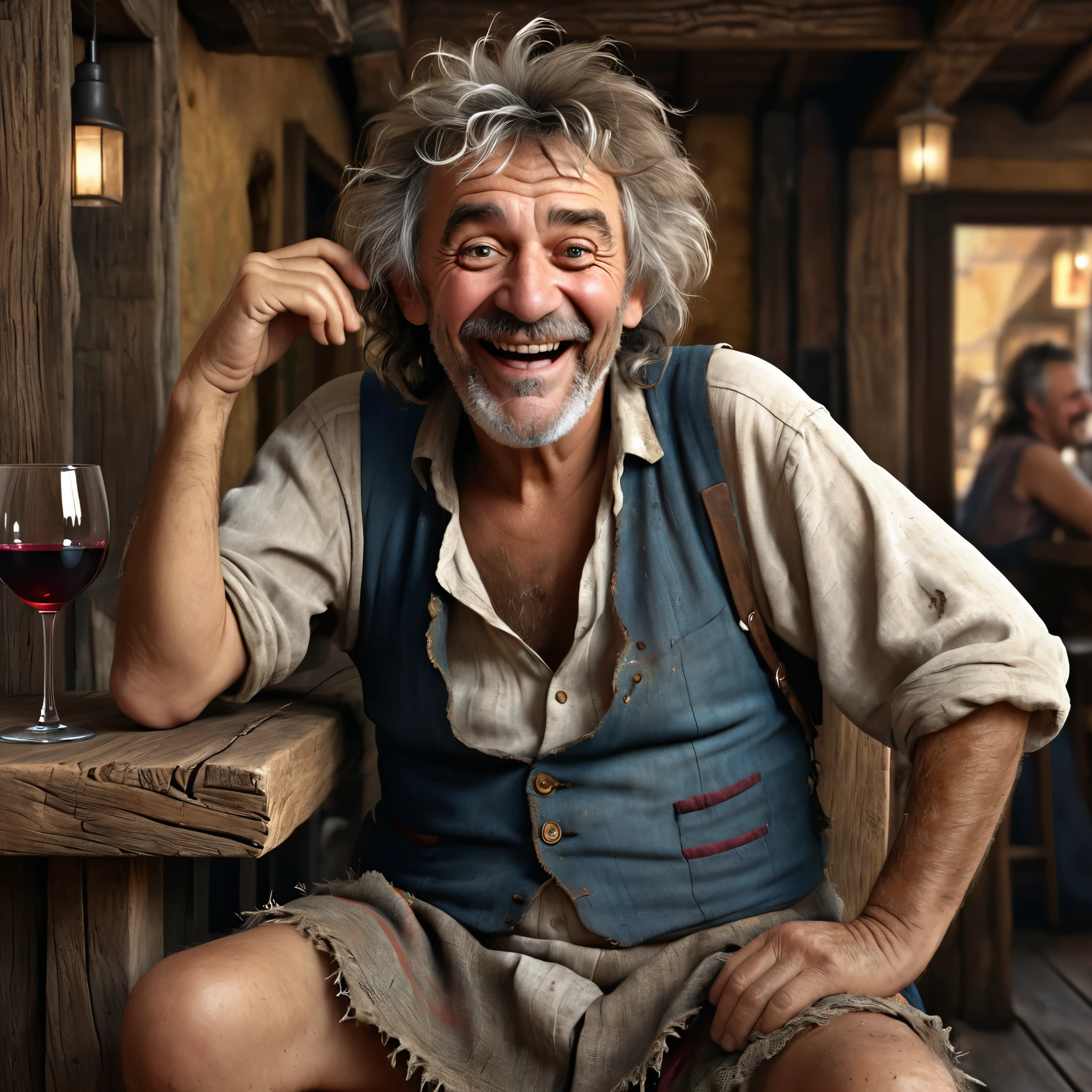 A very hyper photorealistic rendering of a funny old quirky man in his mid 60s in tattered clothes, crazy, cheerful character, disheveled and tattered dress, very perfect details of face, eyes, skin, shaggy hair with ultra realistic natural textures sitting on a wooden stool with a glass of wine in his hand background a crumbling tavern Maya rendering.