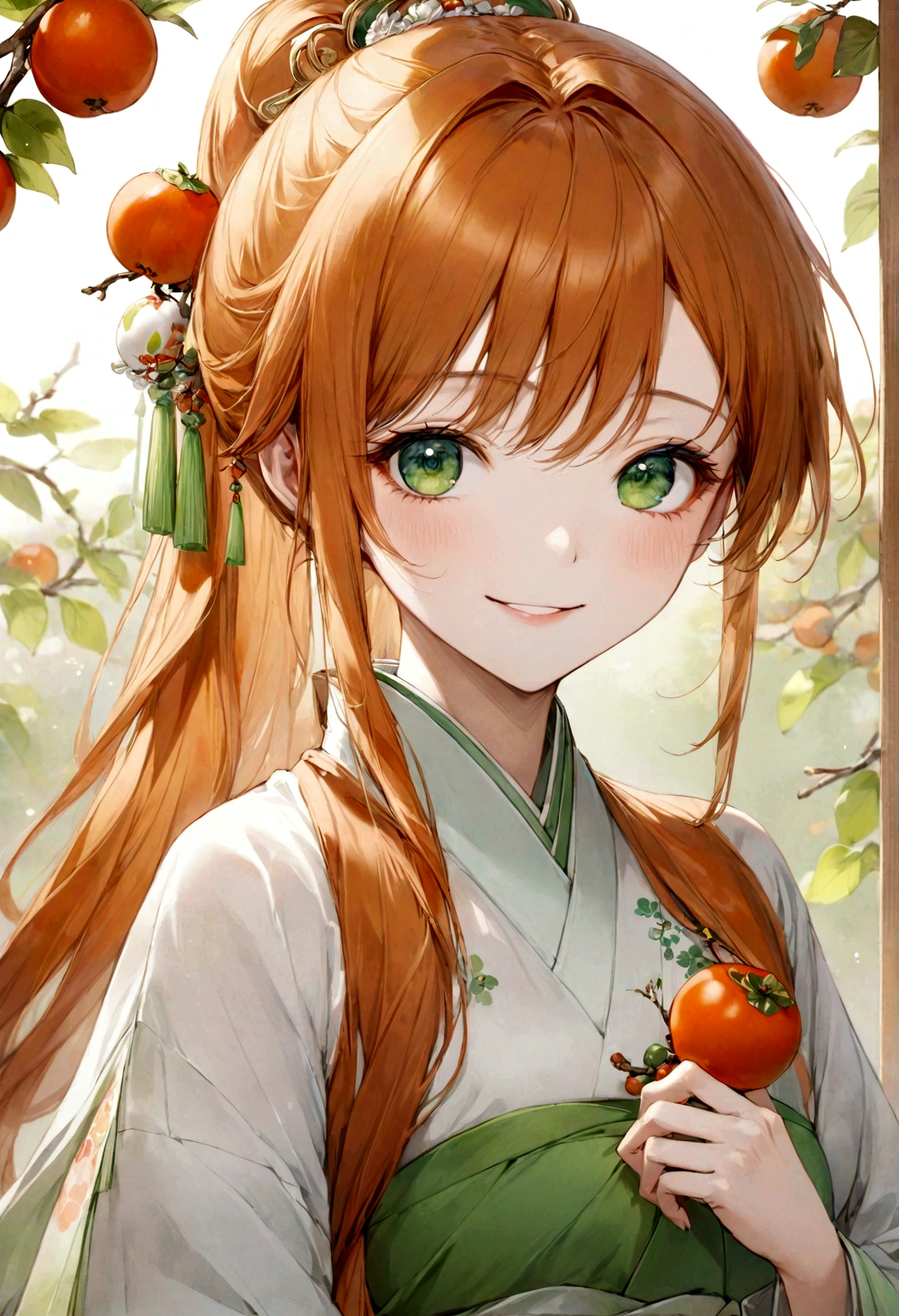 ((top-quality)), ((masterpiece)), ((ultra-detailliert)), (extremely delicate and beautiful), orange hair, long straight hair, long ponytail, green eyes, persimmons, hanfu, traditional chinese clothing, mischievous smile, beautiful woman, cheerful,