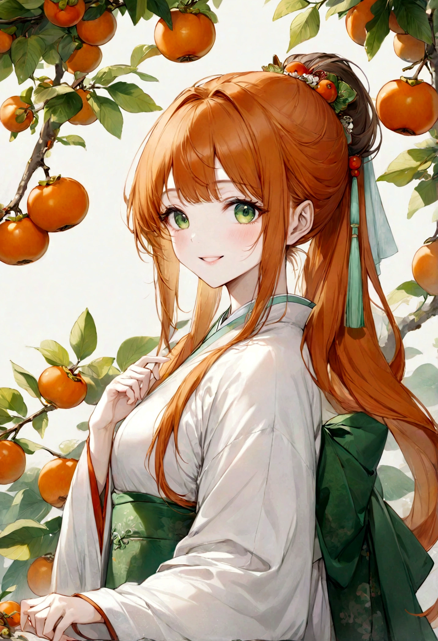 ((top-quality)), ((​masterpiece)), ((ultra-detailliert)), (extremely delicate and beautiful), orange hair, long straight hair, long ponytail, green eyes, persimmons, hanfu, traditional chinese clothing, mischievous smile, beautiful woman, cheerful, 