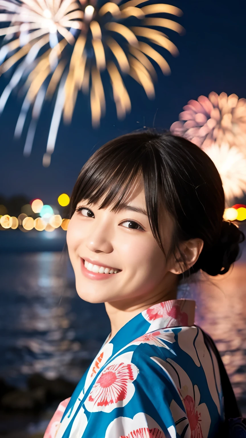 Japanese、Age 25、younger sister、Randomly generated people with diverse facial features and hairstyles々、Perfect ???????,Ocean、Beach、firework、Night Sky、打ち上げfirework、yukata、Great smile