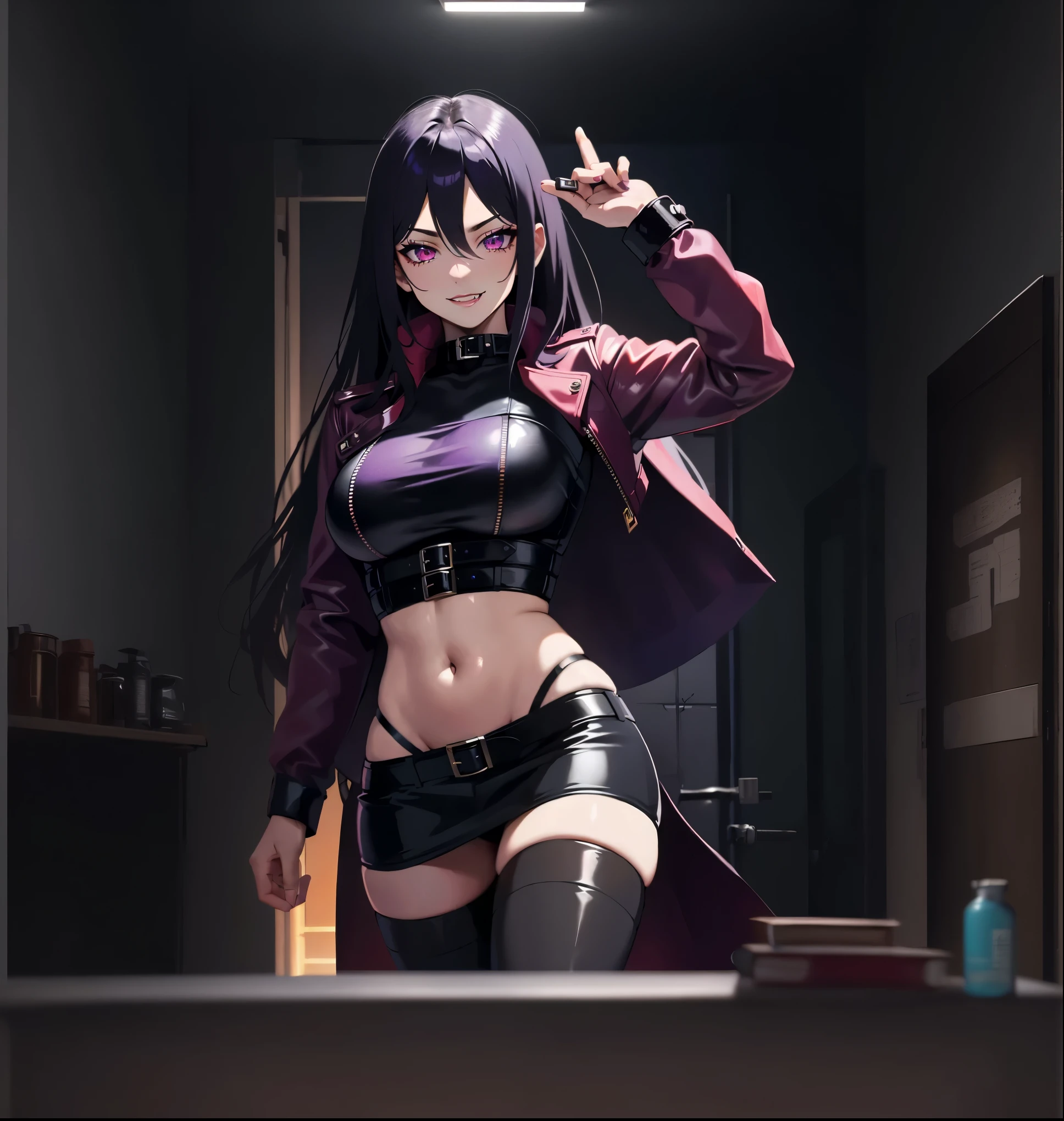 the setting is a secret military base with gray walls and poor lighting. Do lado esquerdo da imagem ha detalhes da mao de uma figura feminina. On the right side of the image there is the remainder of the female figure&#39;s arm. Na parte debaixo ha as pernas da figura feminina, ela possui um meiao longo preto e um sobretudo atras dela. arte estilo anime altamente detalhado. cores vivas e brilhantes.