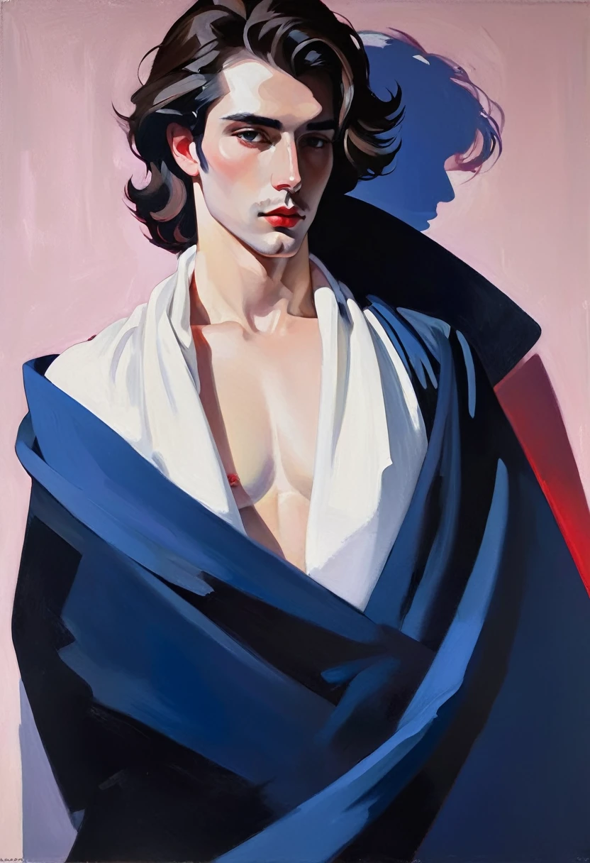 chiaroscuro technique on sensual illustration of an arafed man in white blanket, sexy masculine, model with attractive body, inspired by Ludovit Fulla, mid-shot of a hunky, the model draped in flowing, thick oil painting by Harumi Hironaka, extremely soft colors, vibrant, highly detailed, malcolm liepke painting, oil on canvas, high contrast, dramatic, refined, tonal, Create high contrast between light and shadow by Leon Polk Smith, memphis abstract minimal art, graphic shapes, minimal art, blue and red, minimal art style, bauhaus art, inspired by El Lissitzky, bold simple shapes, shadow