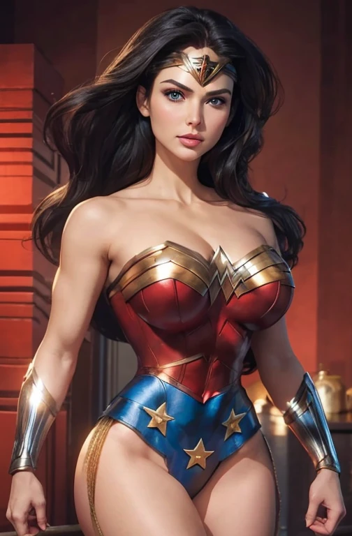 The character Wonder Woman , perfect costume, beautiful blue eyes, perfect curves, beautiful face, seductive mouth, beautiful and stunning face 