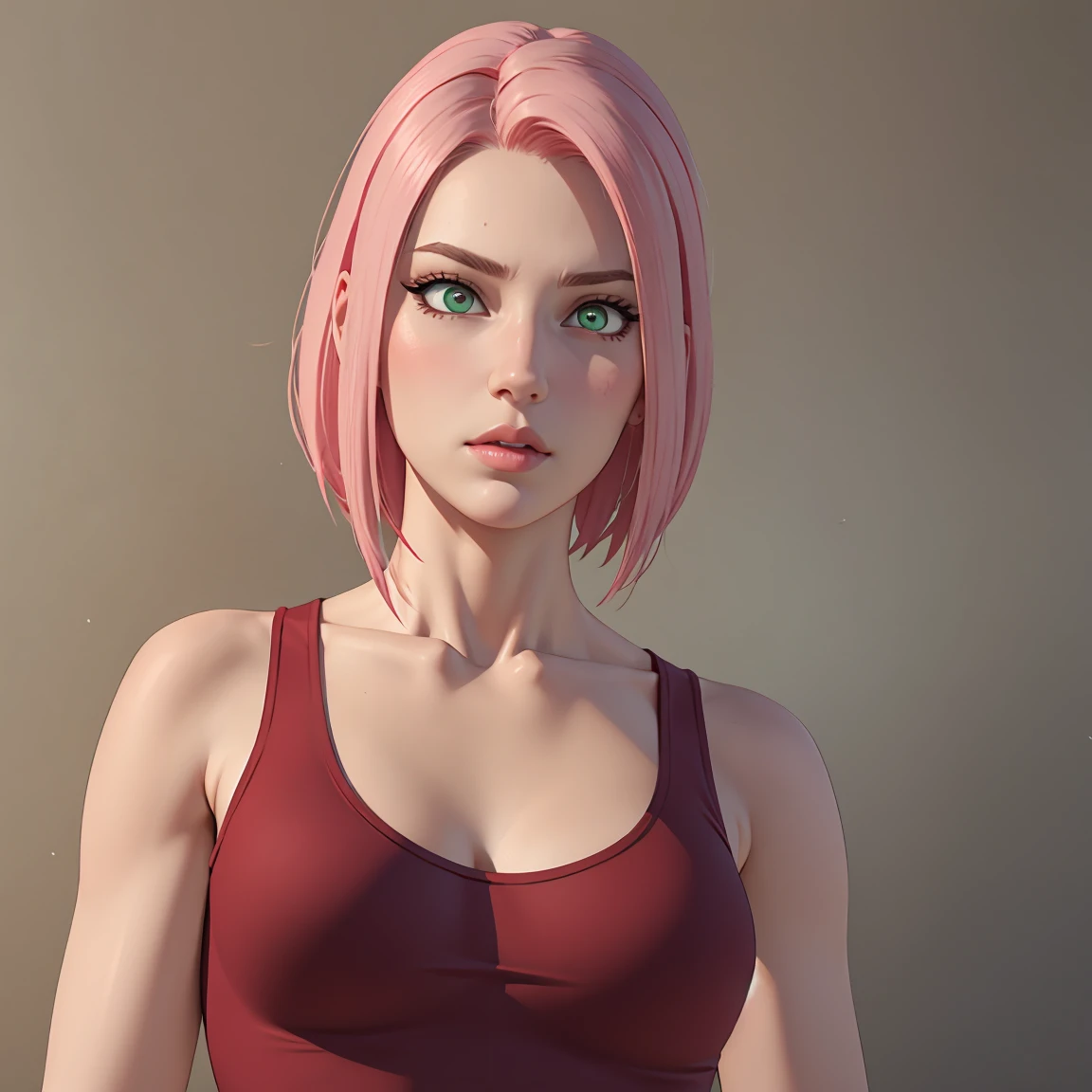 young woman, short shoulder-length pink hair, wide forehead, porcelain skin, pink eyebrows, big emerald green eyes, buttoned nose, full lips, heart-shaped face, slender body, small breasts, red tank top, Sakura Haruno , realistic, realism, details, 3d, well detailed
