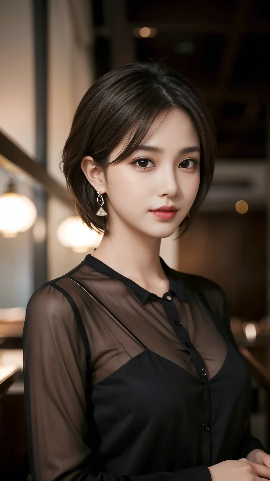 masterpiece, highest quality, Realistic, Very detailed, Finer details, High resolution, 8k wallpaper, One beautiful woman, Wear a black see-through shirt, In a great restaurant, At night, Light brown unkempt short hair, Perfect dynamic composition, Beautiful and beautiful eyes、Big earrings