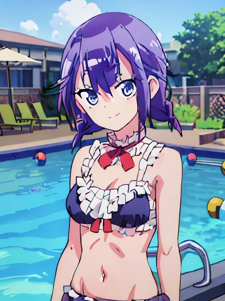 ((masterpiece)), ((best quality)), (ultra-detailed), anime style, pool, a cute girl, 1girl, solo, ((beautiful eyes)), smile, bikini00,
