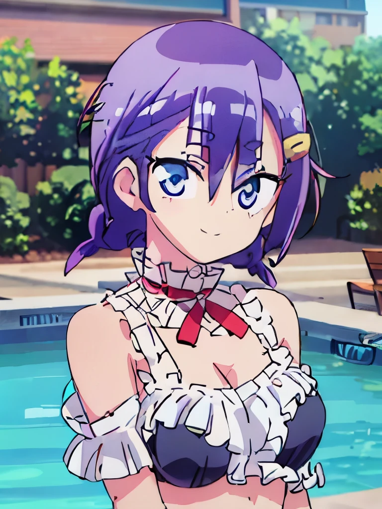 ((masterpiece)), ((best quality)), (ultra-detailed), anime style, pool, a cute girl, 1girl, solo, ((beautiful eyes)), smile, bikini00,