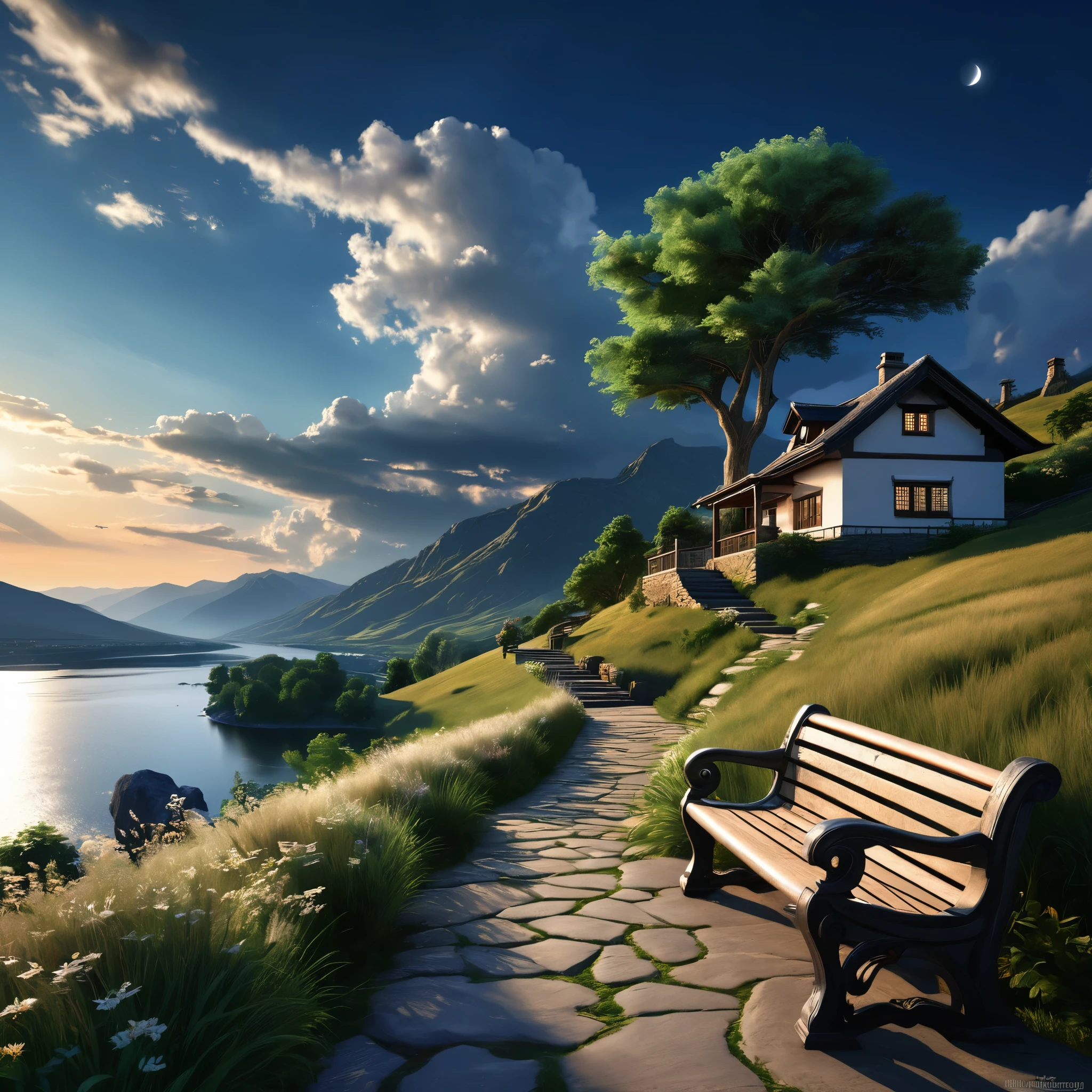 EbonyGoldAI masterpiece, best quality, high quality, high resolution, (((beautiful detailed sky))), grandeur, cottage, grand(magnificent, splendid), sight(view), great spectacle, High-definition, ((best shadow)), realistic, nature, scenery, cloud, mountain, grass, rock, hill, Cliff, tree, sidewalk, only background, the night sky, moonlight, ((ultra-detailed)), (best illustration), ((an extremely delicate and beautiful)), dynamic angle, river, trail, bench, Highest-quality image quality, Quiet, far_away