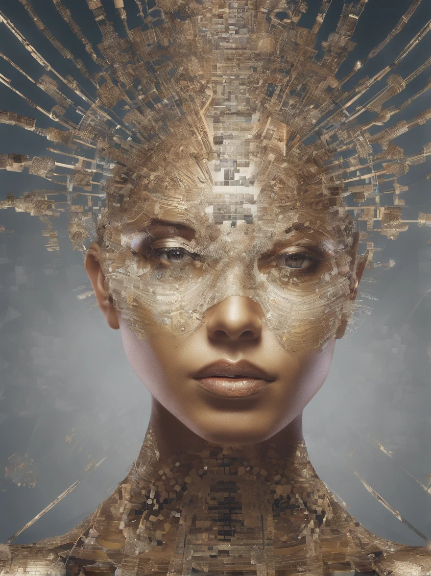 identical decay of micropixels in a hyperrealistic respectable image of a scorpio woman, close-up, maximum transformation with double exposure, asynchronous diametrical illumination in a prismatic shader, micro collage in object details, splitting of atoms with fractal dispersion of the lumen, CGI, digital art, 1024 K