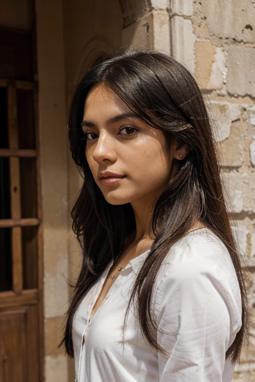 Mujer blanca, cabello negro largo, delgada