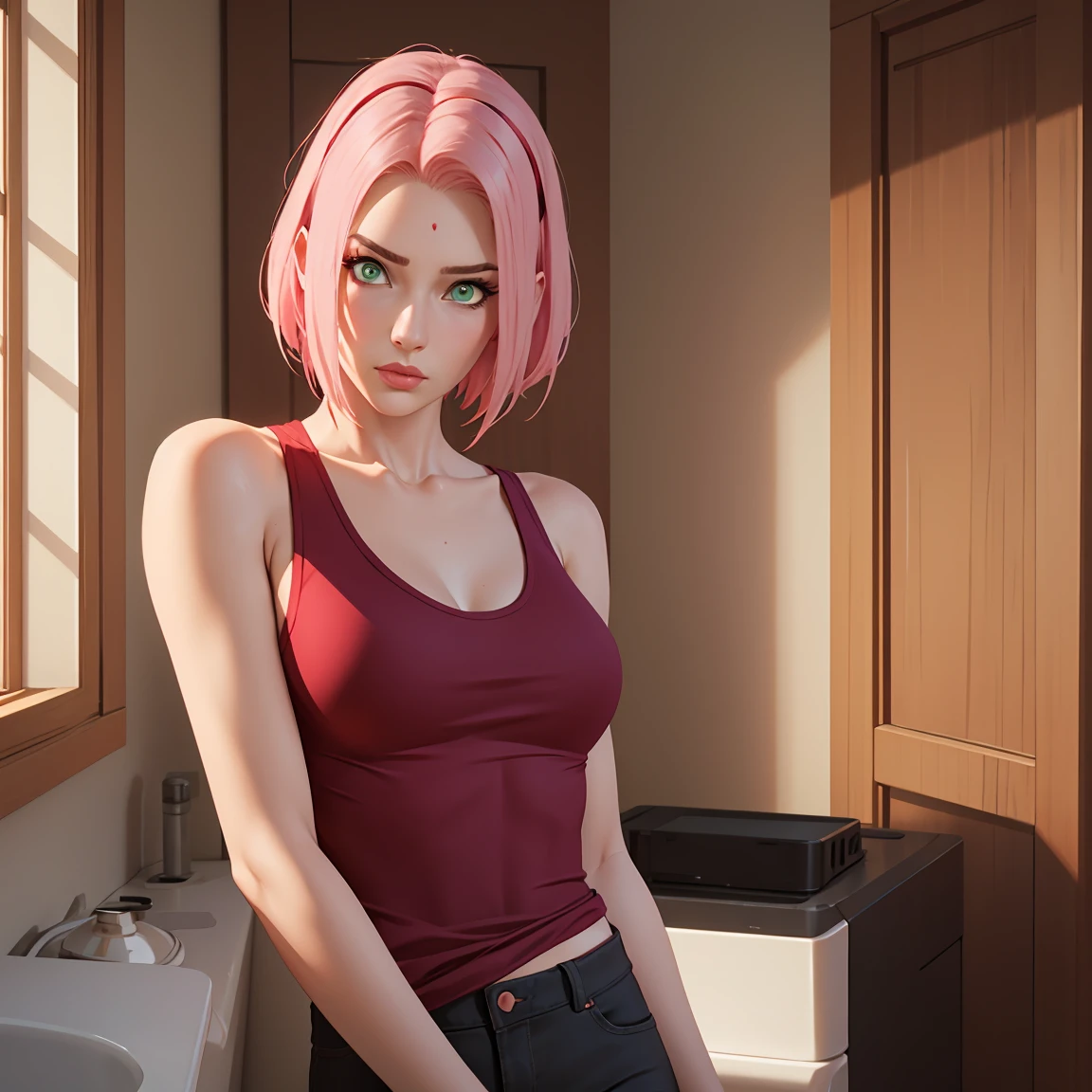 masterpiece, 4K, best quality, nude, soapy body, sakura\(boruto\), solo, mature female, 1 girl, detailed face, detailed lips, detailed nose, detailed body, beautiful face, realistic hair, realistic lips, pink lips, realistic nose, medium breast, thick thighs, realistic body proportions, extremely detailed, green eyes, perfect composition, hot springs, seductive smile, blushing, gentle gaze