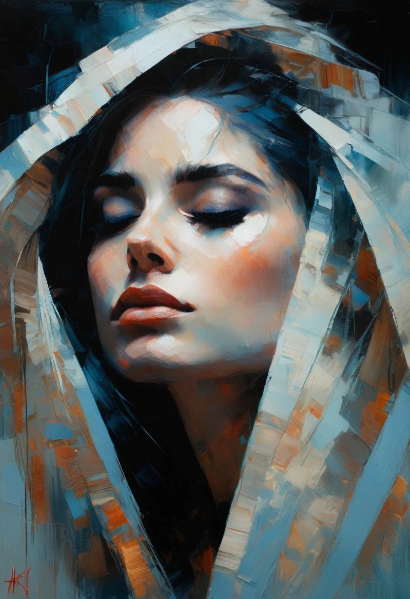 A portrait of a young woman, oil painting, muted blue color palette, soft lighting, detailed facial features, long eyelashes, serene expression, delicate skin, flowing hair, elegant dress, atmospheric environment, cinematic composition, photorealistic, 8k, highly detailed, masterpiece, ((oil painting by Henry Asencio))