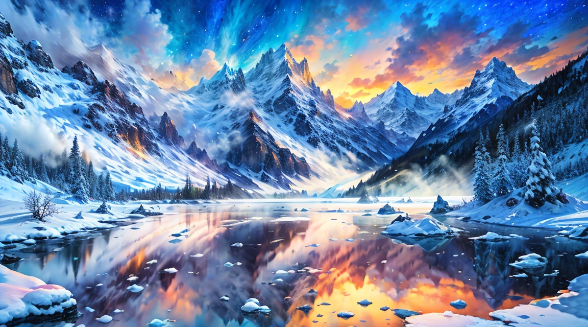 Space Magic Week， Magic concept art highlights，Ancient Chinese landscapes，snow mountains，snowy peak，mountain ranges，Winters，snowflower，Snow and ice cover，Ice Lake，Cold，branches，Bleak，fog atmosphere，blue-sky，baiyun，Rime，Winter sun，north wind，Icicles，snow landscape，holly，Pine，Ice，Frozen soil，Chill，ice - carving，（Very detailed CG unity 8K wallpaper），most beautiful artwork in the world，Professional majestic oil painting，iintricate，high detal，sharp fokus，dramatics，Realistic painting art，Romantic landscape style, canon eos 5d mark iv, Sunny impressionism, sparkling water reflections, high-quality photo, Stock Photo - AR 2:3 --v 5，a digital dreamscape， Fantastic fantasy 3D concept art， stunning concept art ，Warm pigments，Bright colors，Bright light，Extreme refinement，(tmasterpiece)，super detailing，Epic composition，hyper HD，high qulity，offcial art，32k -- v 6