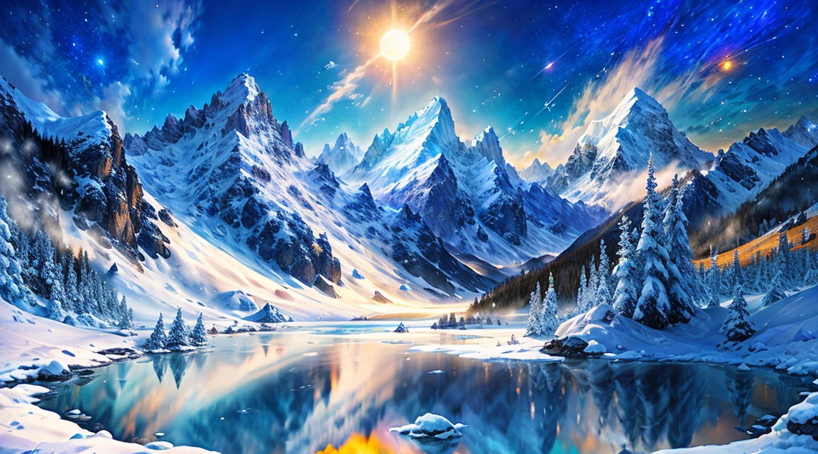 Space Magic Week, Magic concept art highlights,Ancient Chinese landscapes,snow mountains,snowy peak,mountain ranges,Winters,snowflower,Snow and ice cover,Ice Lake,Cold,branches,Bleak,fog atmosphere,blue-sky,baiyun,Rime,Winter sun,north wind,Icicles,snow landscape,holly,Pine,Ice,Frozen soil,Chill,ice - carving,(Very detailed CG unity 8K wallpaper),most beautiful artwork in the world,Professional majestic oil painting,iintricate,high detal,sharp fokus,dramatics,Realistic painting art,Romantic landscape style, canon eos 5d mark iv, Sunny impressionism, sparkling water reflections, high-quality photo, Stock Photo - AR 2:3 --v 5,a digital dreamscape, Fantastic fantasy 3D concept art, stunning concept art ,Warm pigments,Bright colors,Bright light,Extreme refinement,(tmasterpiece),super detailing,Epic composition,hyper HD,high qulity,offcial art,32k -- v 6