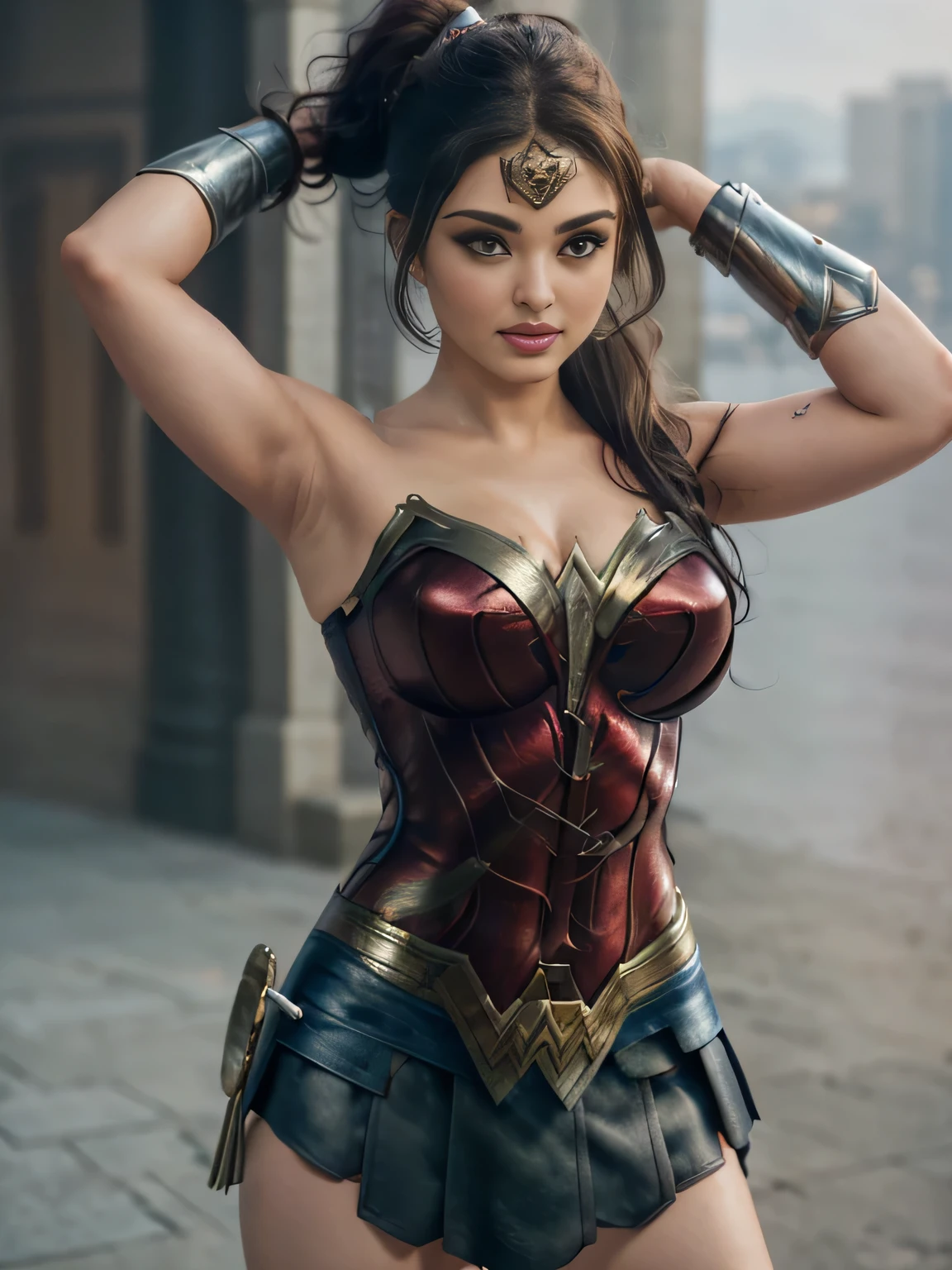1girl, beautiful girl, wonder woman, skirt, hanging, half body, (close eyes:1.3, weak, powerless, sleep), )), (( arms up)),best quality, masterpiece, arms up, comic style, Indian super model, wearing wonder woman outfit, sexy , huge breast, cleavage, oily skin, lusty looks, plus size model, sexy expression, high end makeup, smokey eye, black ponytail hair, 8k, cinematic, Aishwarya rai