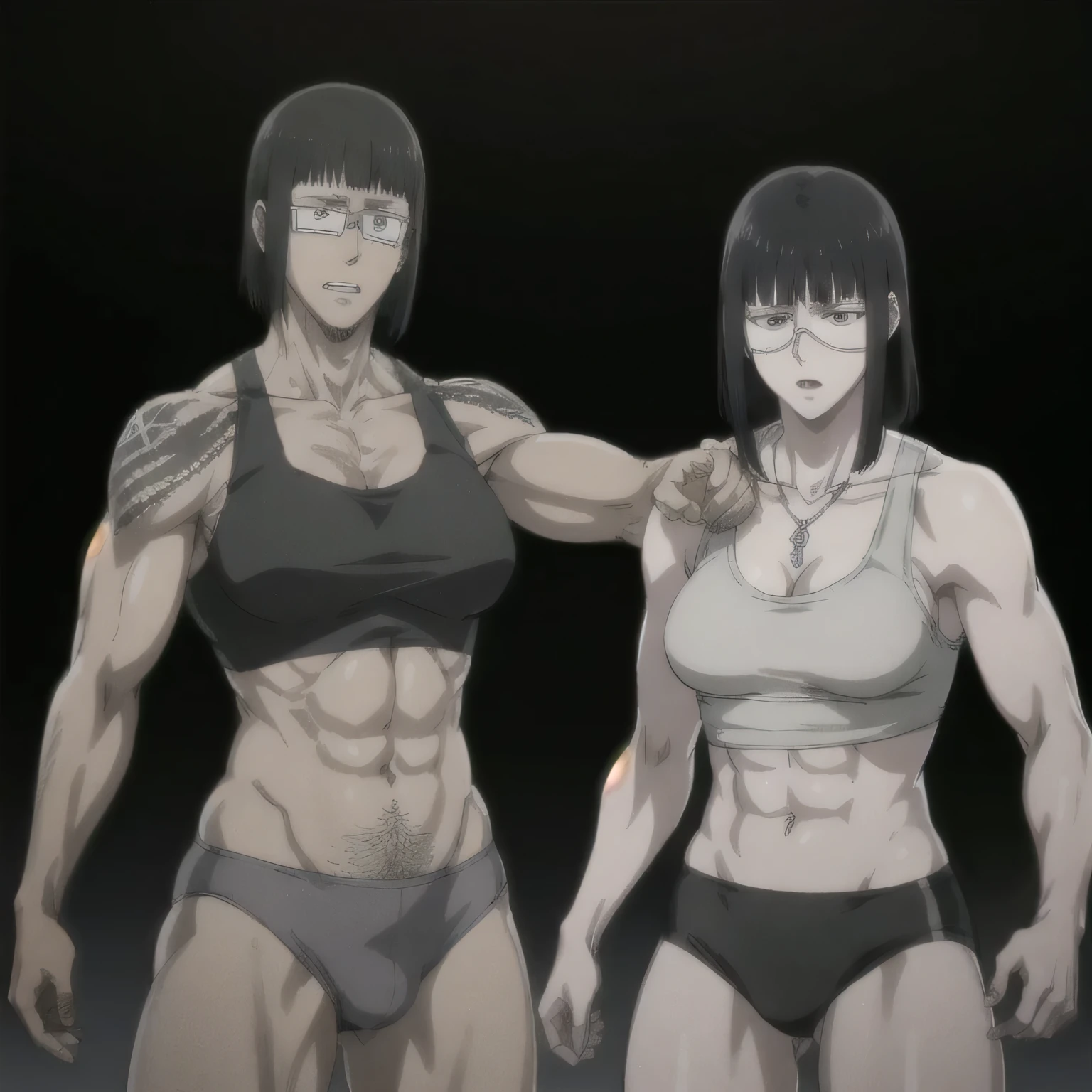 (best quality,ultra-detailed,realistic:1.37),musclaur badass girl with sculpted body have a tattoos wearing sport tank top and black male underwear, full review of the female character's face and body, intense expression, strong and confident posture, studio lighting, vivid colors, physiologically-based rendering, grungy texture, rugged background, dust particles in the air, commanding presence, professional, powerful, gritty aesthetics,Valmet،short hair,necklace,six-pack,eyepatch,handsome look,gym,Body lifting,Valmet prime muscles,training boxing,1girl, penis growth inside underwear,tight underwear,protect children