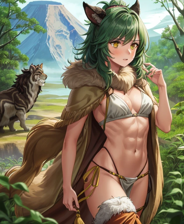 (adult woman), (1girl, solo), walking, ((cavewoman, loincloth, fur clothes)), dirty, small breasts, muscular, abs, (green hair, messy hair), (yellow eyes), ((primordial earth, jungle, volcano)), (yellow sky), ((best quality, high detail)), ((masterpiece)),