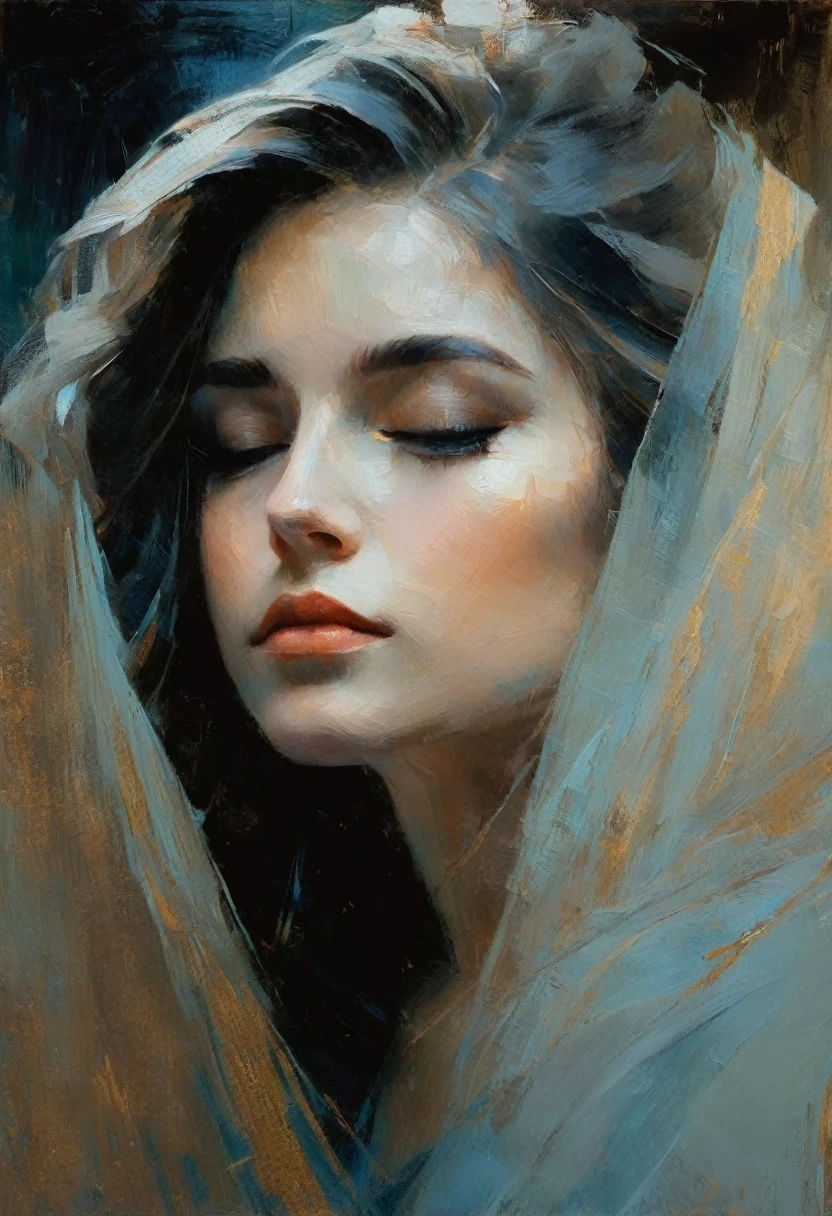 A portrait of a young woman, oil painting, muted blue color palette, soft lighting, detailed facial features, long eyelashes, serene expression, delicate skin, flowing hair, elegant dress, atmospheric environment, cinematic composition, photorealistic, 8k, highly detailed, masterpiece, ((oil painting by Henry Asencio))