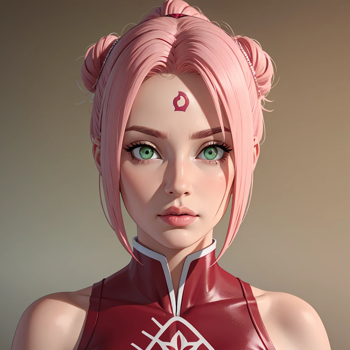 young woman, bubblegum pink hair tied in a bun, wide forehead, porcelain skin, pink eyebrows, emerald green eyes, upturned nose, thick pink lips, heart-shaped face, dark red clothes, Sakura Haruno, realism, well detailed, 3d