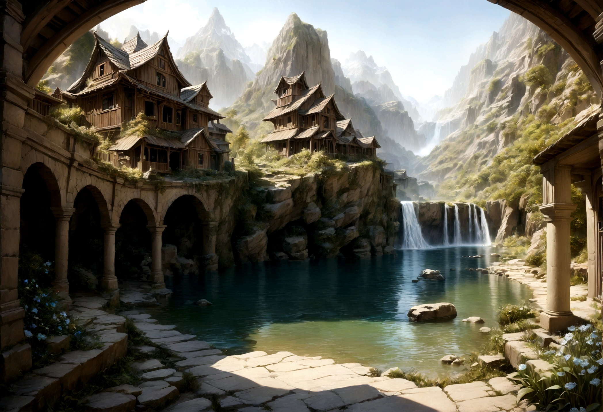 A dreamlike fantasy landscape, intricate blue and white floral patterns, ethereal, magical atmosphere, serene and tranquil, (best quality, 4k, 8k, highres, masterpiece:1.2), ultra-detailed, (realistic, photorealistic, photo-realistic:1.37), fantasy, surreal, digital art, concept art, cinematic lighting, vibrant colors, dramatic shadows blue and white colors, blue and white swirling colors