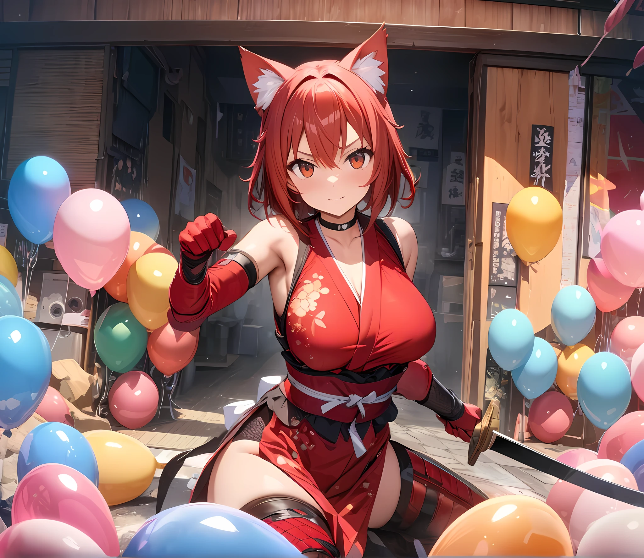 Masterpiece, Best Quality, Super Detailed, High Definition, Expensive Resolution, HDR, 4k, 8K, Unity 8k Wallpaper, Super Detailed CG, Masterpiece, Beautiful Details, Depth, Fine Texture, Super Fine: 1.3, Fully focused, crispy, skin, Very cute anime girl, ((red right eyes)) , looking at camera, ornament, heart, choker, sfw, covered medium breasts, red hair with cat ears, wearing a Japanese red shiny ninja like outfit, white fur, wearing gloves , carrying a sword, fullbody, fighting pose, balloons all around