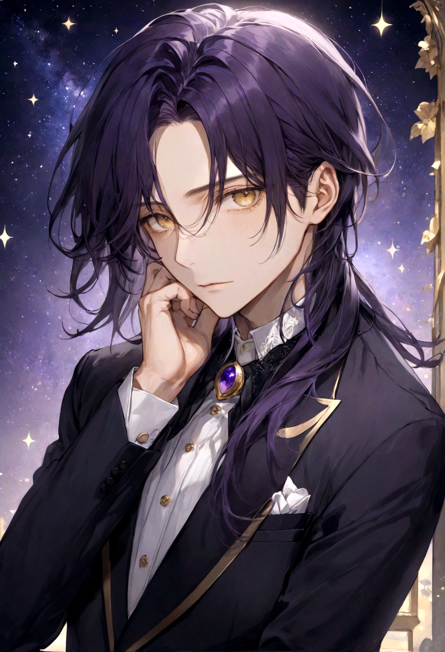 ((top-quality)), ((masterpiece)), ((ultra-detailliert)), (extremely delicate and beautiful), handsome man, shoulder length hair, straight hair, eggplant purple hair, dark purple hair, golden eyes, pensive expression, elegant dark suit, starry midnight sky in the background