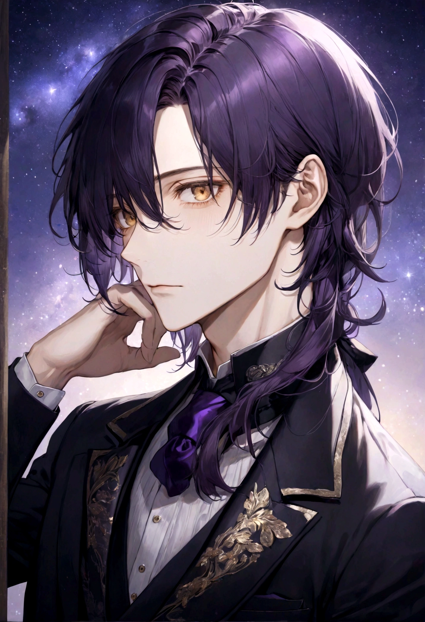 ((top-quality)), ((​masterpiece)), ((ultra-detailliert)), (extremely delicate and beautiful), handsome man, shoulder length hair, straight hair, eggplant purple hair, dark purple hair, golden eyes, pensive expression, elegant dark suit, starry midnight sky in the background