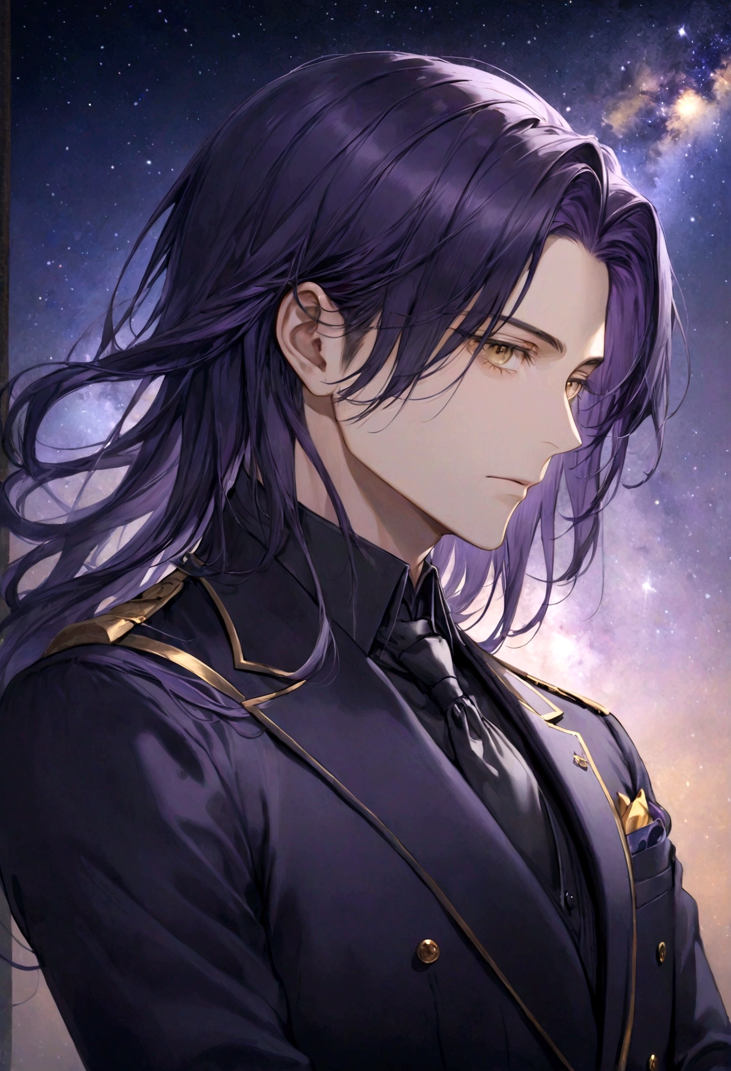 ((top-quality)), ((masterpiece)), ((ultra-detailliert)), (extremely delicate and beautiful), handsome man, shoulder length hair, straight hair, eggplant purple hair, dark purple hair, golden eyes, pensive expression, elegant dark suit, starry midnight sky in the background