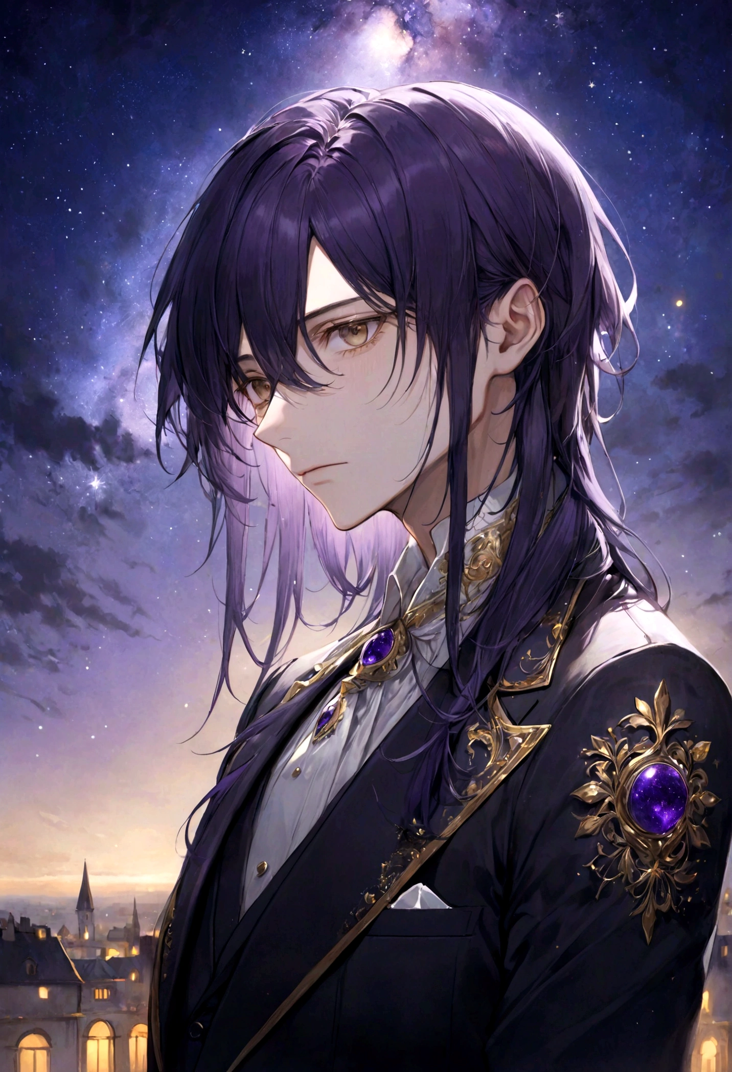 ((top-quality)), ((masterpiece)), ((ultra-detailliert)), (extremely delicate and beautiful), handsome man, shoulder length hair, straight hair, eggplant purple hair, dark purple hair, golden eyes, pensive expression, elegant dark suit, starry midnight sky in the background